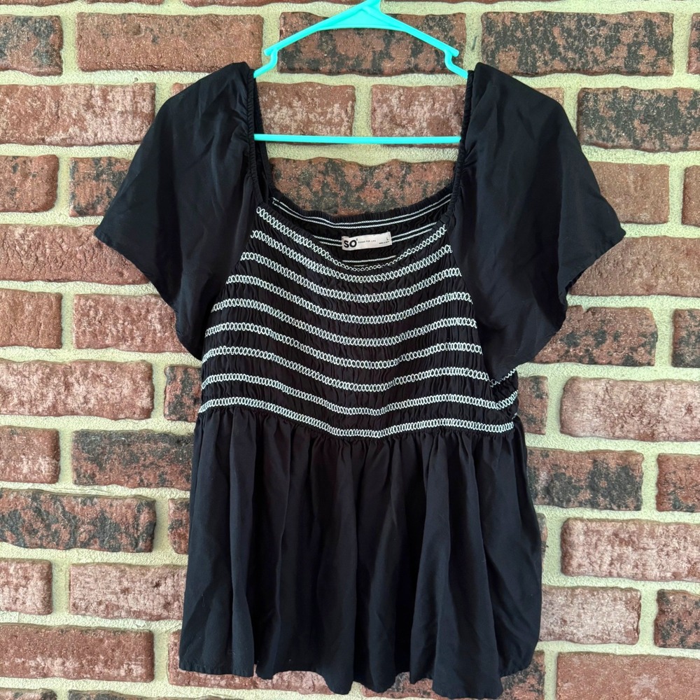 SO Womens Smocked Babydoll Black Top Square Neck Short Sleeve L Feminine Flowy